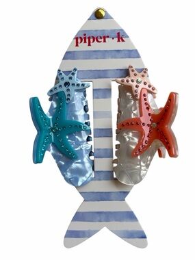 Piper K Blue and Coral Rhinestone Starfish Hair Clip Set